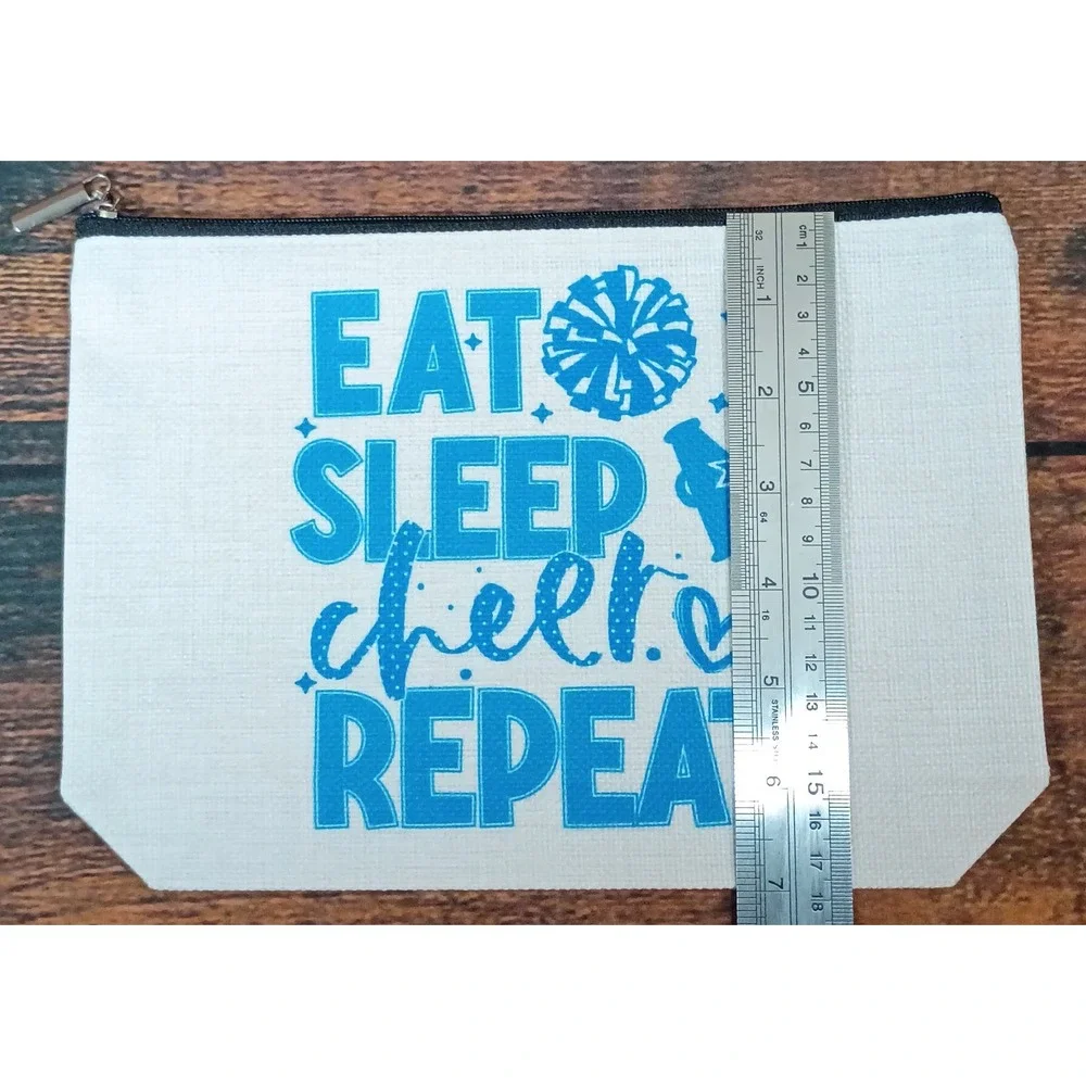 Eat Sleep Cheer Repeat Canvas Makeup Bag Blue Cheerleading Pouch Organizer‎
